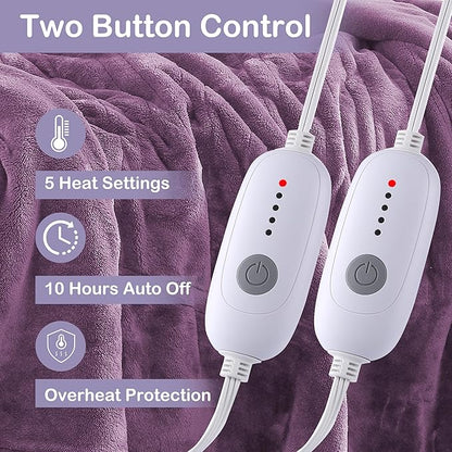 Electric Heated Blanket Queen Size 84"x90", Soft Plush Microplush for Bed, Dual Controllers & Heating Zones, 10Hs Auto Off & 5 Heating Levels, Machine Washable, Gifts for Family-Light Purple