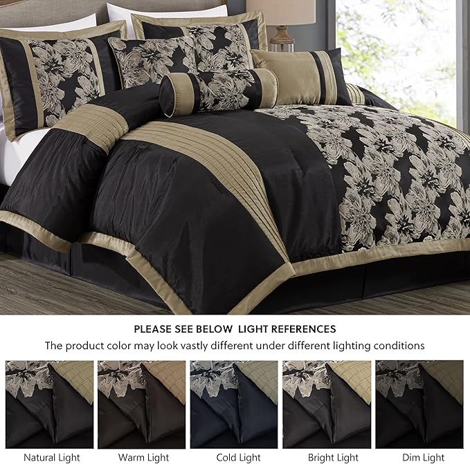 Chezmoi Collection Kelsey Comforter Set Queen Size, 7-Piece Black Gold Hibiscus Floral Jacquard Bedding Set