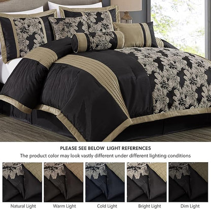 Chezmoi Collection Kelsey Comforter Set Queen Size, 7-Piece Black Gold Hibiscus Floral Jacquard Bedding Set