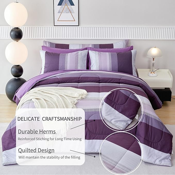 RYNGHIPY Purple Striped Bed in a Bag Queen Size, Lightweight Soft Down Alternative Comforter Set for Men and Boys,8 Pieces Comforter Bedding Set with Sheets Pillowcases (Queen,Purple Grey)