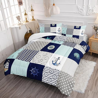 HOSIMA Nautical Comforter Set Twin,Plaid Patchwork Ocean Themed Bedding Sailboat and Anchor Print Kids Bedding Set for Boys Adult Kids Girls,Navy Blue Comforter Twin Size with 2 Pillow Shams.