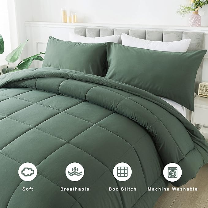 DOWNCOOL Queen Comforter Set -All Season Bedding Comforters Sets with 2 Pillow Cases-3 Pieces Bedding Sets Queen -Down Alternative Sage Green Queen Size Comforter Sets(88"x92")