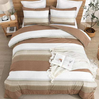 Litanika Full Size Comforter Sets Beige, 3 Pieces Lightweight Taupe Khaki White Colorblock Stripe Fluffy Bedding Comforter Sets, All Season Bed Set