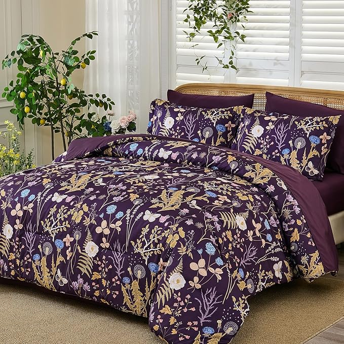 Yiran Purple Floral Comforter Set Queen Size, 7 Piece Botanical Comforter Bedding Set, Farmhouse Bed in a Bag, Soft Microfiber Complete Bedding Set with Sheets for All Season