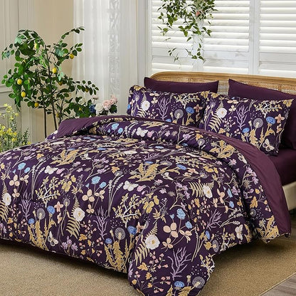 Yiran Purple Floral Comforter Set King Size, 7 Piece Botanical Comforter Bedding Set, Farmhouse Bed in a Bag, Soft Microfiber Complete Bedding Set with Sheets for All Season