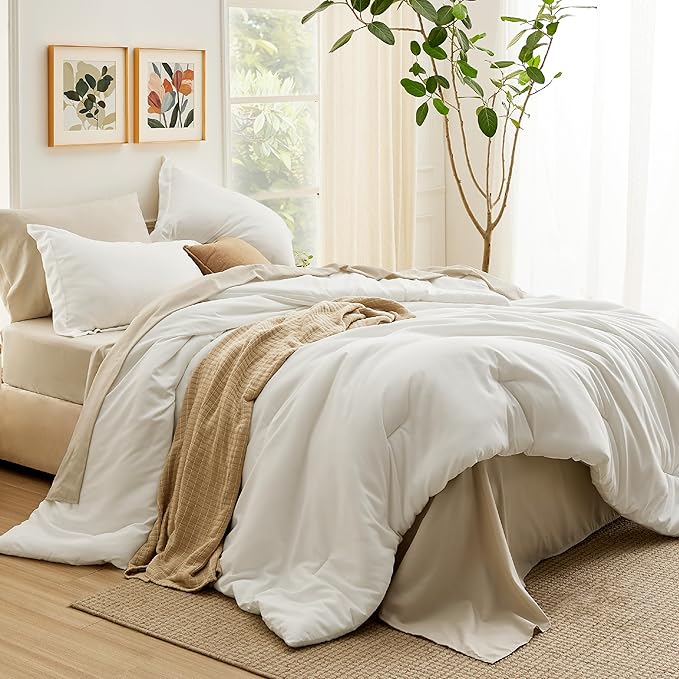 Bedsure King Size Comforter Set - 7 Pieces White King Bedding Set for All Seasons, Boho Contrasting Design Bed in a Bag with Comforter, Sheets, Pillowcases & Shams