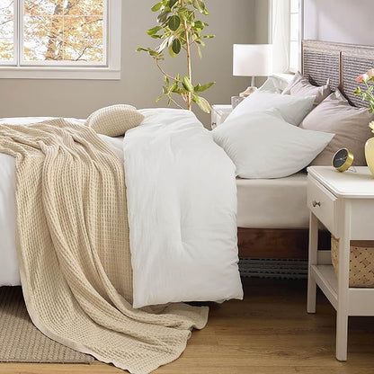 Bedsure 5 Pieces Cotton Comforter Set with Waffle Throw Blanket - Soft Breathable Bedding Set for All Seasons, White Queen Comforter, Pillow Shams, Beige 100% Cotton Blanket, Throw Pillow