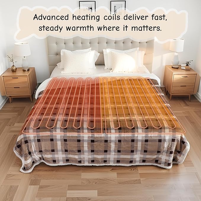 Electric Heated Blanket Full Size 72"x84", Soft Flannel with Overheat Protection, 10 Adjustable Heat Settings & 12-Hour Auto-Off Timer, Fast Heating for Winter Comfort, Brown Plaid