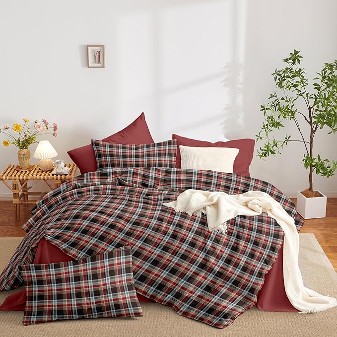 Nayoroom Plaid Comforter Set Queen Size Vintage Red Brown Gingham Checkered Tartan Comforter 3 Pieces Soft Lightweight Farmhouse Dorm Bedding Set for All Seasons
