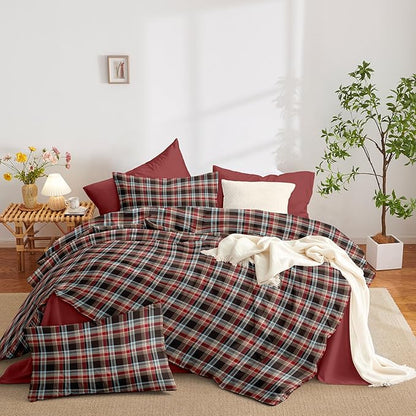 Nayoroom Plaid Comforter Set Queen Size Vintage Red Brown Gingham Checkered Tartan Comforter 3 Pieces Soft Lightweight Farmhouse Dorm Bedding Set for All Seasons