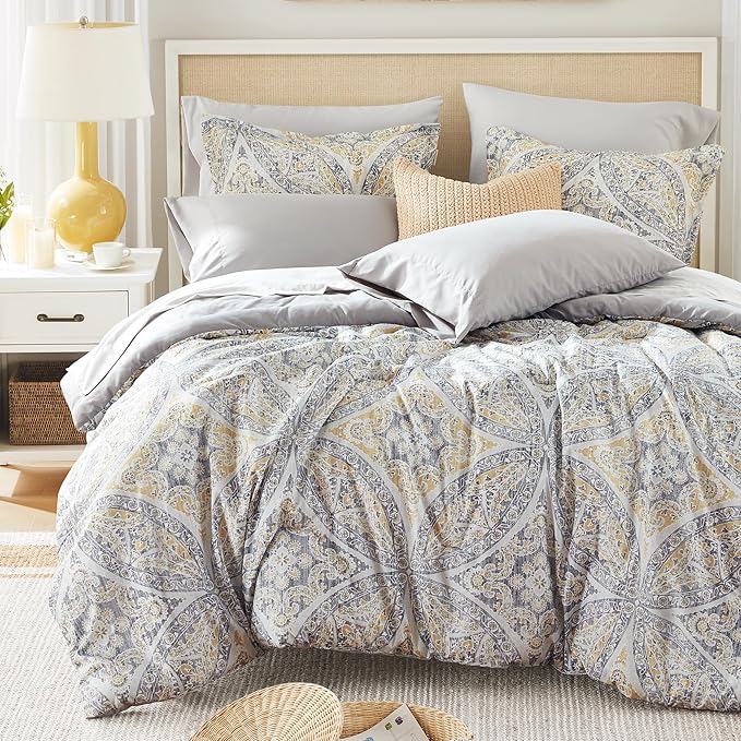 Comfort Spaces Bed in A Bag Comforter Set - Trendy Casual Design Full Comforter with Complete Sheet Set with Side Pocket, All Season, Shams, Gloria, Full Grey/Yellow 9 Piece
