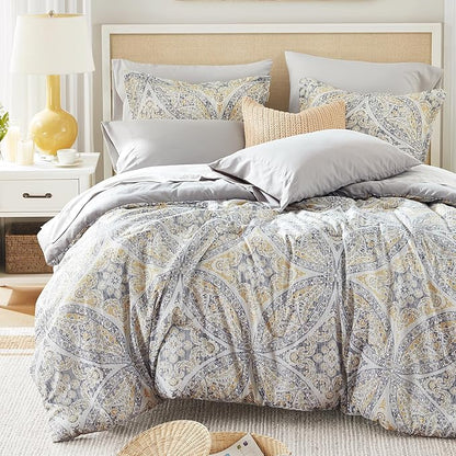 Comfort Spaces Bed in A Bag Comforter Set - Trendy Casual Design Full Comforter with Complete Sheet Set with Side Pocket, All Season, Shams, Gloria, Full Grey/Yellow 9 Piece