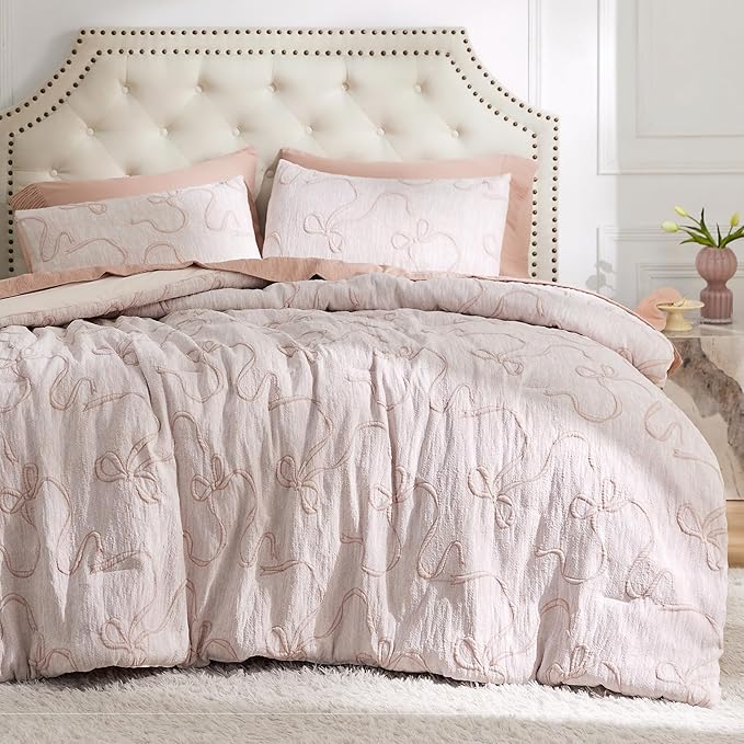 Bedsure Twin/Twin XL Comforter, GentleSoft™ 2 Pieces Bow Cute Bedding Pink Room Decor Aesthetic, Twin/Twin XL Bedding Gifts for Her, 1 Bed Pink Comforter, 1 Pillow Shams, 68x88 Inches