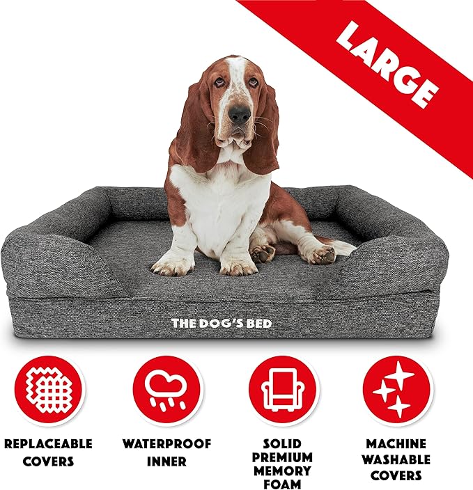 The Dog’s Bed Orthopedic Memory Foam Dog Bed with Bolsters, Linen Fabric, Grey Linen, L
