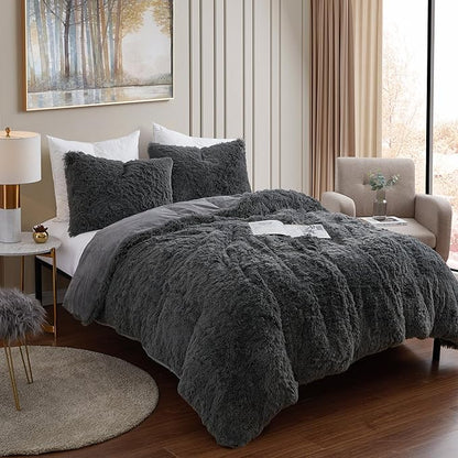 Queen Luxury Faux Fur Comforter Set - Soft & Breathable 7-Piece Bedding Collection - 1 Comforter, 1 Fitted Sheet, 1 Flat, 2 Pillowcases, 2 Pillow Shams - Deep Pocket - Premium Quality, Dark Gray