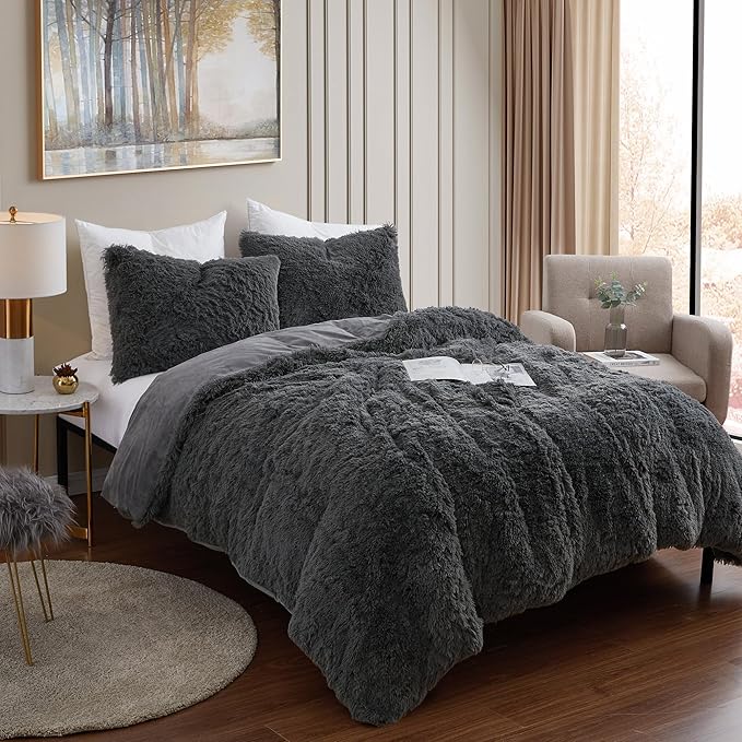 Full Size Luxury Faux Fur Comforter Set - Soft & Breathable 7-Piece Bedding Collection - 1 Comforter, 1 Fitted Sheet, 1 Flat, 2 Pillowcases, 2 Pillow Shams - Deep Pocket - Premium Quality, Dark Gray