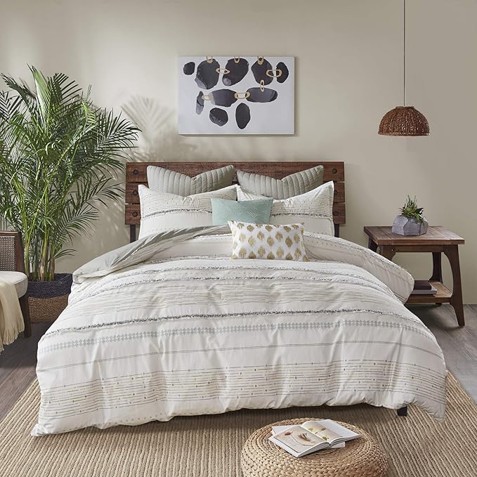 INK+IVY Luxurious Cotton-Bedding Set - Mid Century Trendy Geometric Design, All Season Cozy-Cover With Matching-Shams, Full/Queen, Nea Trims Grey/Multi