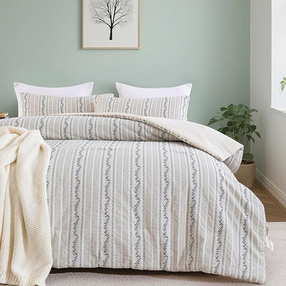 100% Cotton Jacquard Comforter Set, Striped Floral Print, Soft Lightweight Reversible 3 Piece Bedding Sets for All Season, Queen(90"x90")