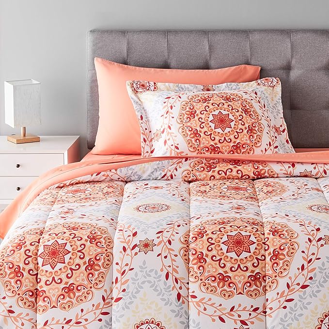 Amazon Basics Twin/Twin XL Lightweight Microfiber Comforter Bedding Set with Printed Sheets, 5-Piece Bed-in-a-Bag, Coral Medallion