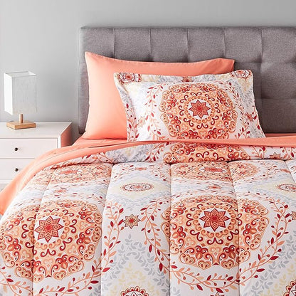 Amazon Basics Twin/Twin XL Lightweight Microfiber Comforter Bedding Set with Printed Sheets, 5-Piece Bed-in-a-Bag, Coral Medallion