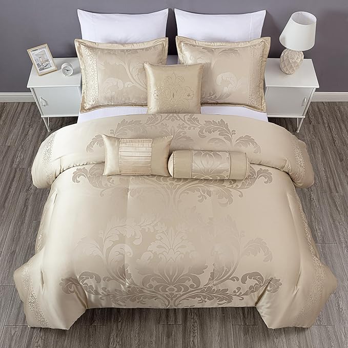 Chezmoi Collection Royale 7-Piece Jacquard Floral Comforter Set, Full/Double, Champagne