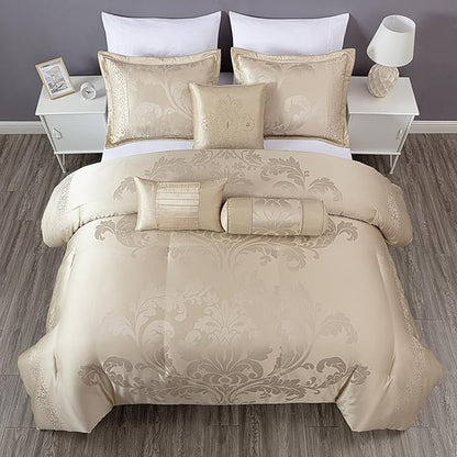Chezmoi Collection Royale 7-Piece Jacquard Floral Comforter Set, Queen, Champagne