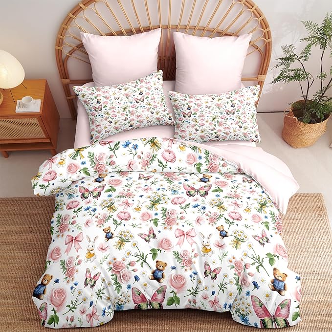 Pink Botanical Comforter Set Twin for Girls, 5Pcs Bow Butterfly Bedding for Kids Kawaii Bedroom Decor, Cute Priness Girly Rabbit Bear Comforter Set with 1 Pillowcase, 68"x86"
