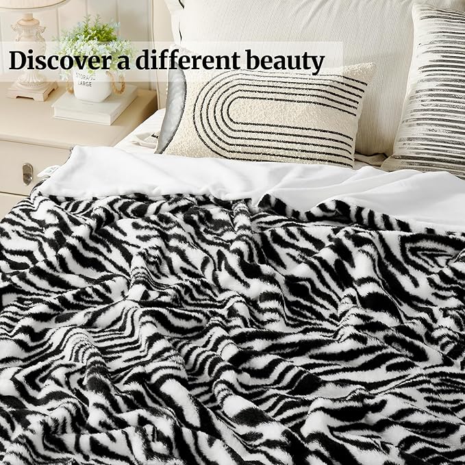 JONIYEAR Decorative Fuzzy Ridge Zebra Print Faux Rabbit Fur Throw Blanket 50" x 60", Double Sided Soft Thick Warm Shaagy Fluffy Blankets, Cute Cozy Plush Animal Lap Blanket for Women, White and Black