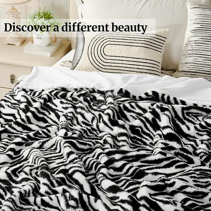 JONIYEAR Decorative Fuzzy Ridge Zebra Print Faux Rabbit Fur Throw Blanket 50" x 60", Double Sided Soft Thick Warm Shaagy Fluffy Blankets, Cute Cozy Plush Animal Lap Blanket for Women, White and Black