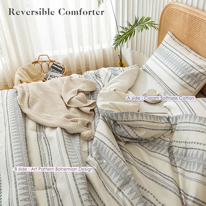 COTTEBED Western Comforter Set Twin Beige Ultra Soft Lightweight Microfiber Bohemian Chic Aztec Comforter 1 Down Comforter Set & 2 Pillowsham for All Season Use,Boho Quilt Set Twin