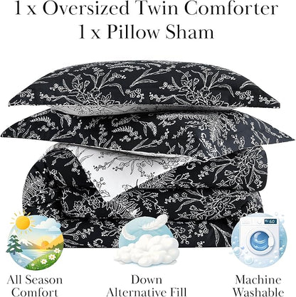 Southshore Fine Living, Inc. Twin Mattress Comforter Set, Hotel Quality Bedding, Floral Bedspread with Matching Pillow Sham for Twin/XL Beds, Reversible Bed Comforter, Winter Brush Black/White