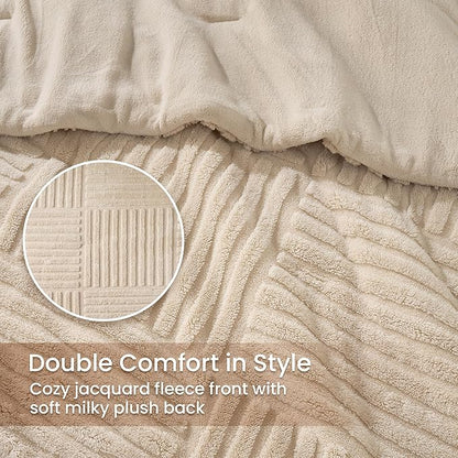Amélie Home King Size Comforter Set with Stripe Jacquard Design, Khaki Fluffy King Bedding Set, Super Soft Plush Bedding Set for Winter,3 Pieces, 1 Soft Comforter and 2 Pillowcases