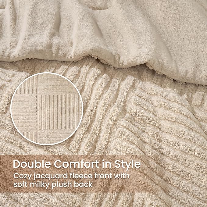Amélie Home Queen Comforter Set with Stripe Jacquard Design in Khaki, Super Warm Fluffy Plush Bedding Set for Winter, 3 Pieces Including 1 Soft Comforter and 2 Pillowcases