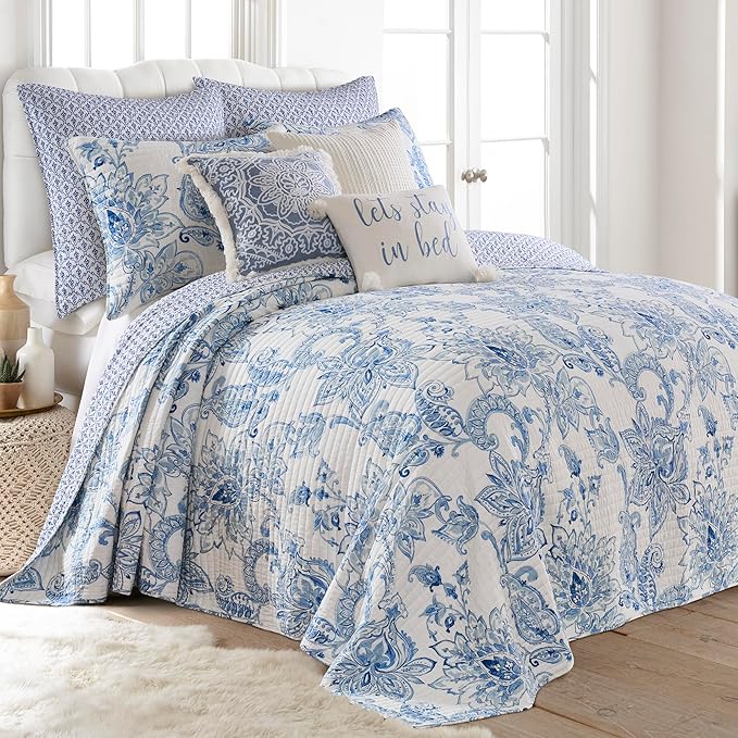 Levtex Home - Bennett Bedspread Set - Twin (80x106in.) Bedspread and 1 Standard Sham (20x26in.) - Floral Paisley - Blue and White - Reversible - Cotton