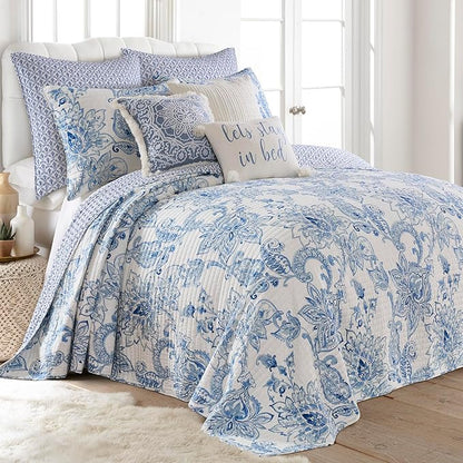 Levtex Home - Bennett Bedspread Set - King (120x106in.) Bedspread and 2 King Shams (20x36in.) - Floral Paisley - Blue and White - Reversible - Cotton