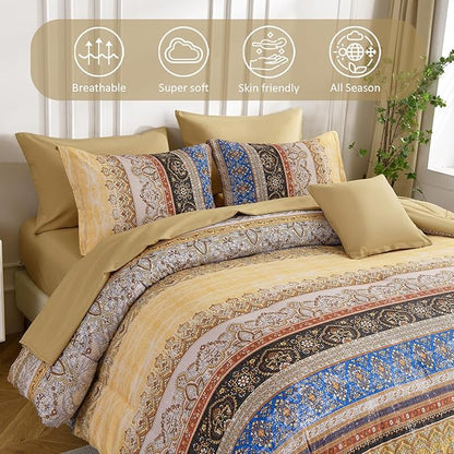 Cottolester Boho King Size Comforter Set 8 Pieces, Yellow Bohemian Striped Bed in a Bag, Paisley Soft Microfiber Bedding Comforter Set