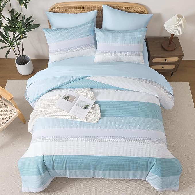 Andency King Size Comforter Set Light Blue - 7 Pieces Striped Lightweight Bed in a Bag, Soft Microfiber Reversible Bedding Set with Comforter, Fitted & Flat Sheet, Pillowcases & Shams
