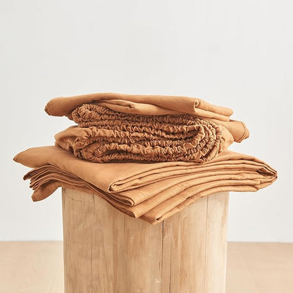 Simple&Opulence Belgian Linen Sheet Set Solid Color -Sheet Set 4PC - Cal King Natural Flax Cotton Blend Soft Breathable Farmhouse Bedding - California King, Rust
