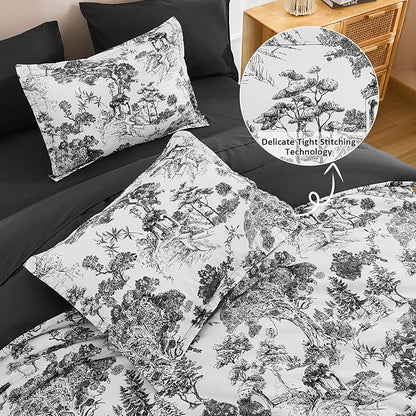 DJY Black Comforter Set King, 7 Pieces Black and White Botanical Comforters King Size Elegant Plants Print with Sheets Bed in a Bag Soft Microfiber Reversible Complete Bedding Sets for All Season