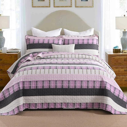 Homzard King Size Comforter Set，Cotton Plaid King Size Quilt，Pink Black Beige Bedding Set，Farmhouse Striped Bedspread Set，Lightweight Reversible Coverlet All Season 3 Pieces