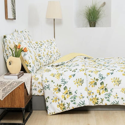 Floral Queen Comforter Set with Sheets, 7 Piece Luxury Vintage Bedding, Soft Microfiber Bed in a Bag, Cozy Lightweight Bed Set, Yellow Flower Green Leaves