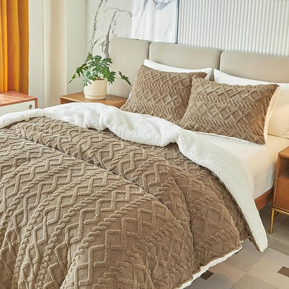 Joyreap 3-Piece Fluffy Faux Fur Sherpa Comforter Set Coffee, Queen Size Luxury Tufted Bedding Comforter Set, All Season Soft n Cozy Plush Comforter Bed Set- 88x88 inches