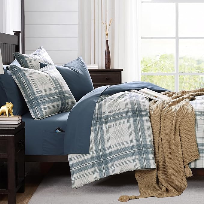 MaiRêve Plaid Twin XL Comforter Set, Blue Grey Grid Bedding Set for Boys & Girls, Classic Checkered Bed in A Bag Comforter Sets with Fitted & Flat Sheet, Pillowcase & Sham(Blue Grey, 66"x90")