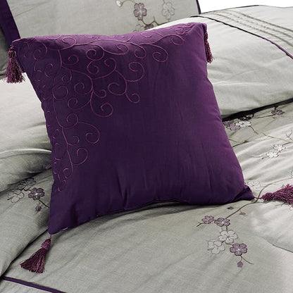 Chezmoi Collection Miki 7-Piece Luxury Floral Purple/Gray Cherry Blossom Embroidery Comforter Set, Queen