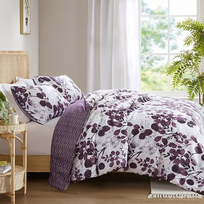 Lightweight Seersucker Botanical King Size Comforter Set, 3 Pieces Reversible Design Bed Comforter, Premium Microfiber Bedding Set, Comforter and Shams Set, Purple