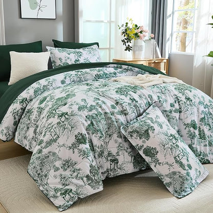DJY King Size Comforter Sets, Green Botanical Comforters with Sheets 7 Pieces Bed in a Bag King Elegant Plants Print Soft Microfiber Reversible Complete Bedding Sets for All Season