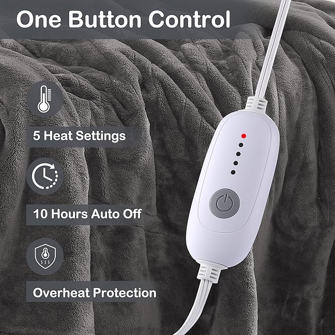 Electric Heated Blanket Full Size 72"x84",Fast Heating Throw, Soft Plush Microplush for Bed & Couch, 10 Hours Auto Off & 5 Heating Levels, Machine Washable, Gifts for Grandma & Family-Light Gray