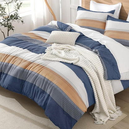 Litanika Comforter Set Full Size Blue Orange - 3 Pieces Lightweight Colorblock Stripe Fluffy Bedding Comforter Sets, All Season Bed Set