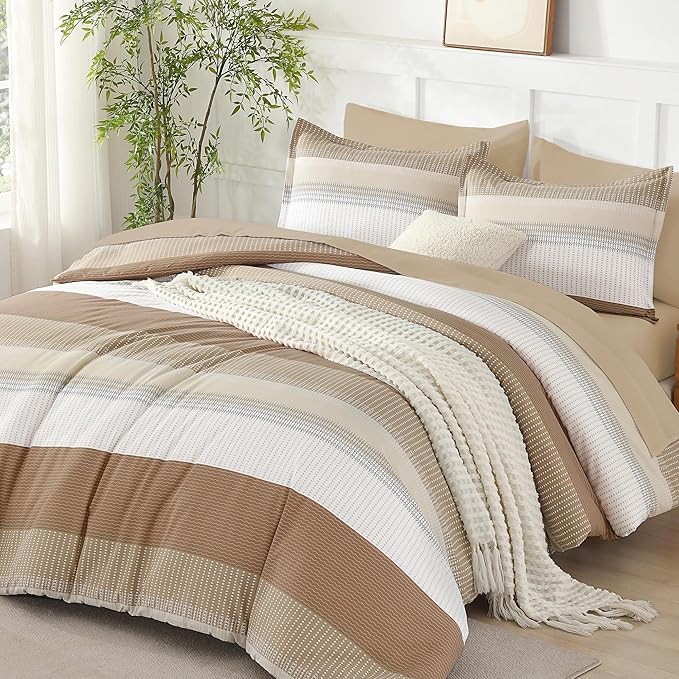 Andency Full Size Comforter Set Taupe - 7 Pieces Striped Lightweight Bed in a Bag, Soft Microfiber Reversible Bedding Set with Comforter, Fitted & Flat Sheet, Pillowcases & Shams