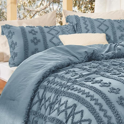 Bedsure Tufted Boho Comforter Set Queen Size - Dusty Blue Boho Bed Set, GentleSoft™ 3 Pieces Farmhouse Shabby Chic Embroidery Bedding, Gifts for Woman, Soft Jacquard Queen Comforter for All Seasons